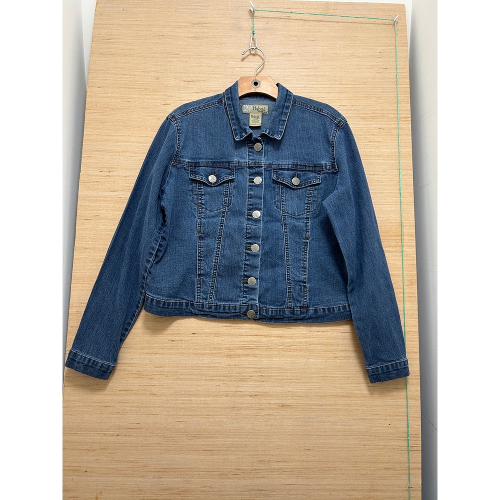 Hybrid & Company Womens Blue Denim Trucker Jacket Size L Stretch Medium Wash
